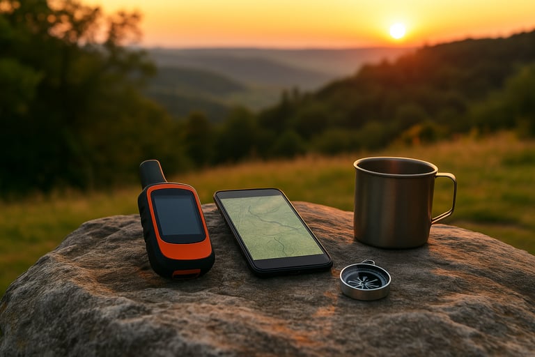 GPS device compass phone and metal mug on rock at sunset during wilderness camp
