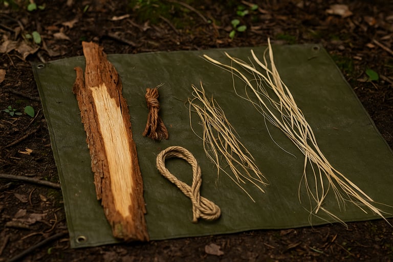 Survival cordage materials laid out from bark grass and plant fibers for bushcraft