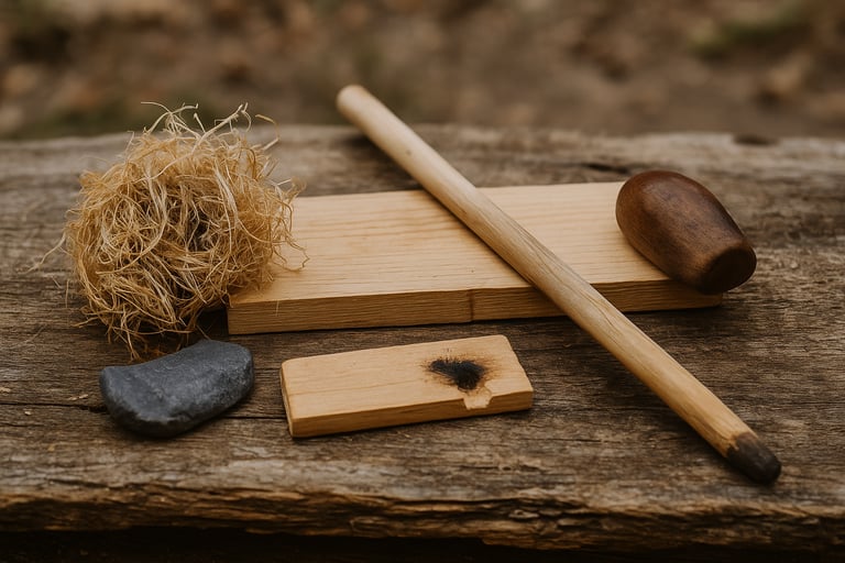 Hand drill fire-starting kit with spindle tinder and fireboard