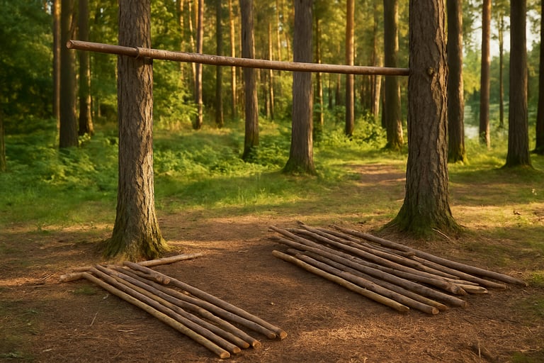 Forest floor prepped with logs and poles to begin raised survival shelter construction in wooded clearing