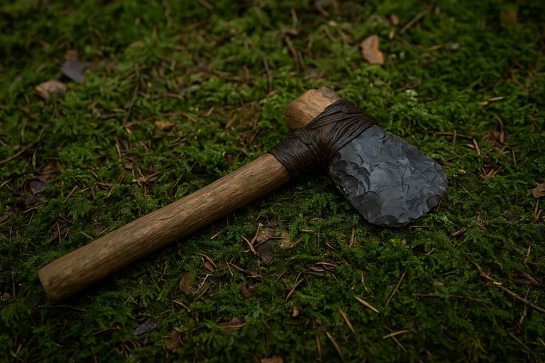 Primitive bushcraft stone axe with wooden handle for wilderness tool crafting chopping and survival construction