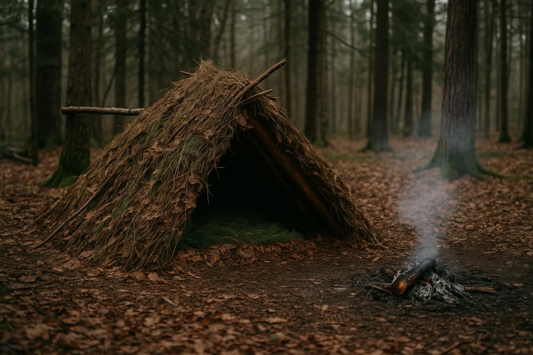 Primitive forest debris shelter with smoldering fire, designed for stealth survival and off-grid living