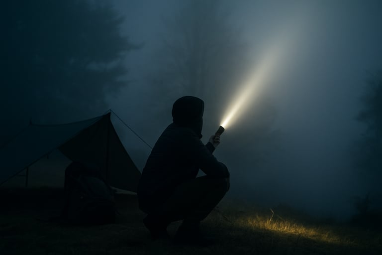 Camper signaling with flashlight in dark forest near shelter to attract rescue attention