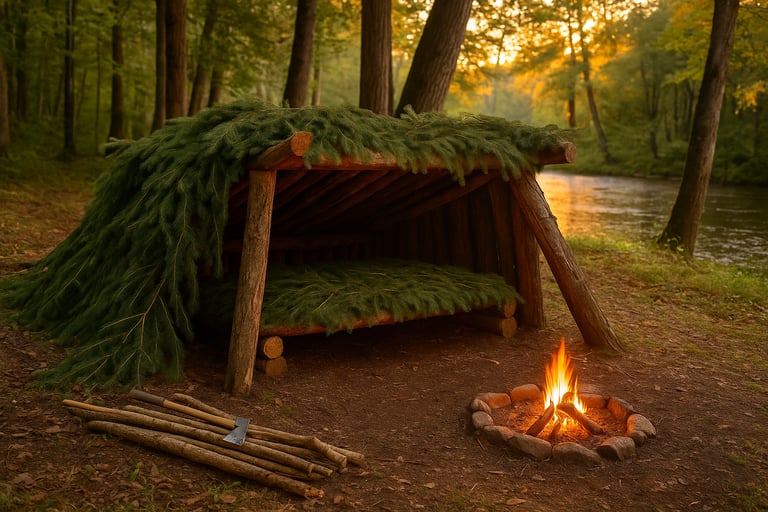 Lean-to shelter with evergreen roof & Bough Bed beside fire in pine forest