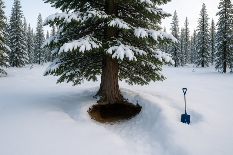 Winter survival snow pit shelter under pine tree with digging shovel in snowy wilderness landscape