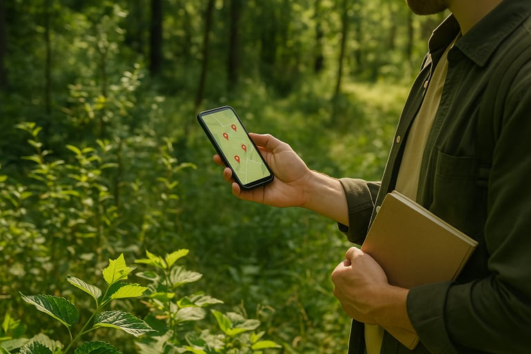 Person using plant ID app and field guide in forest for wild edible identification and foraging safety