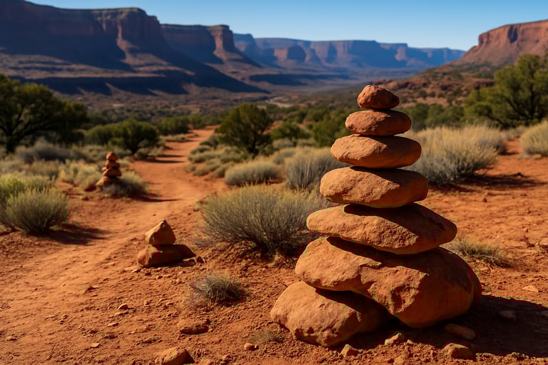 Rock cairn trail marker in desert landscape with mountains, used in navigation and wilderness hiking safety