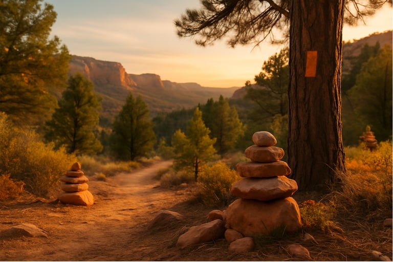 Rock cairns marking trail in desert wilderness at sunset, used for off-trail navigation and hiking safety