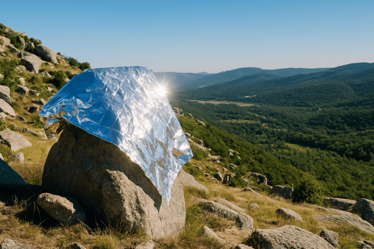 Emergency foil blanket draped on rock in high elevation to attract rescue visibility