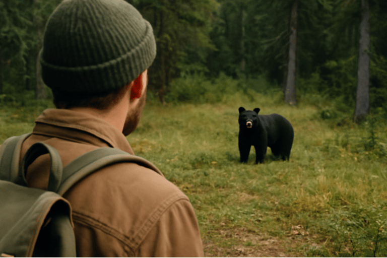 Hiker encounters black bear on forest trail during wilderness trek showing wildlife safety and bear awareness
