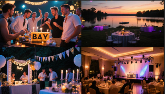 a group of people standing around a table with candles