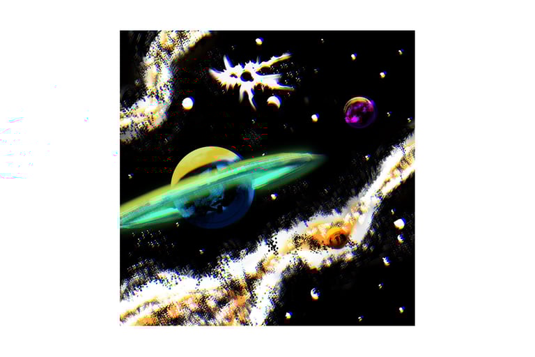 a space station with a green and white space shuttle