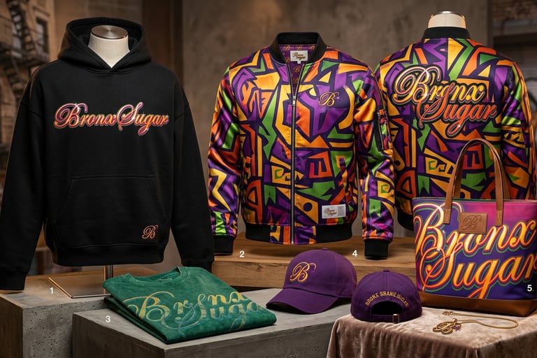 Bronx Sugar streetwear collection featuring a black hoodie, colorful patterned bomber jacket, and purple baseball cap.