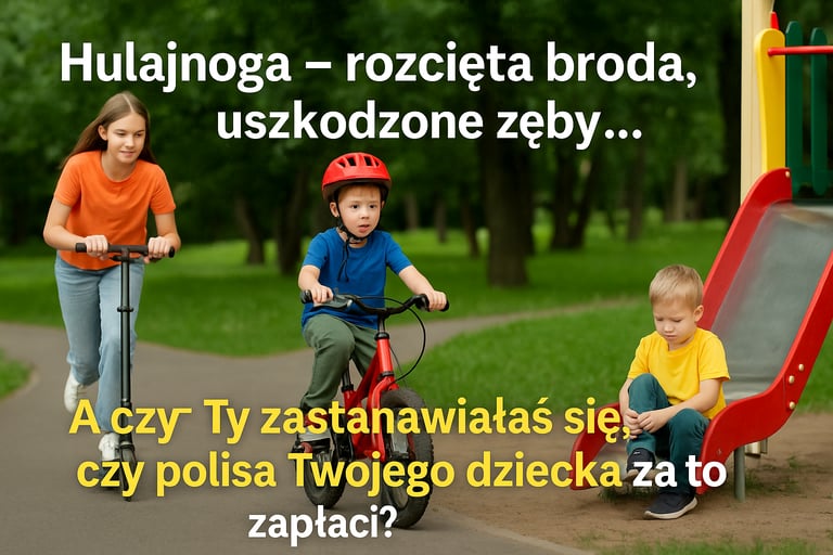 3 dzieci na podwórku, dzieczynka na hulajnodze , chlopczyk jeden na rowerze drugi na zjezdzalni , napis hulajnoga-rozcięta b,
