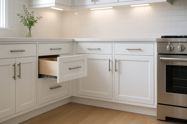 Classic white Shaker cabinets, soft-close