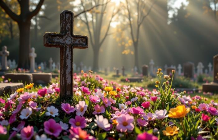 Sunlight streaming over a rustic stone cross and colorful spring flowers in a peaceful cemetery.
