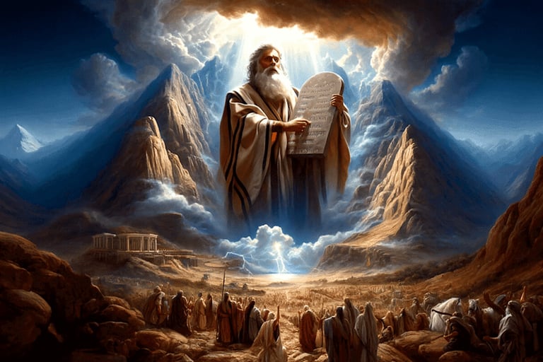 Biblical illustration of Moses holding the Ten Commandments on a mountain.