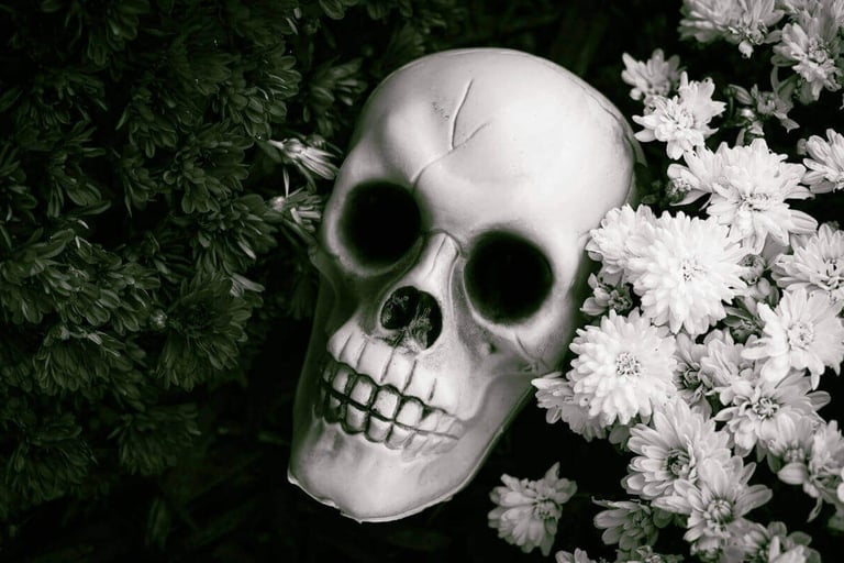 A skull head with a skull face mask