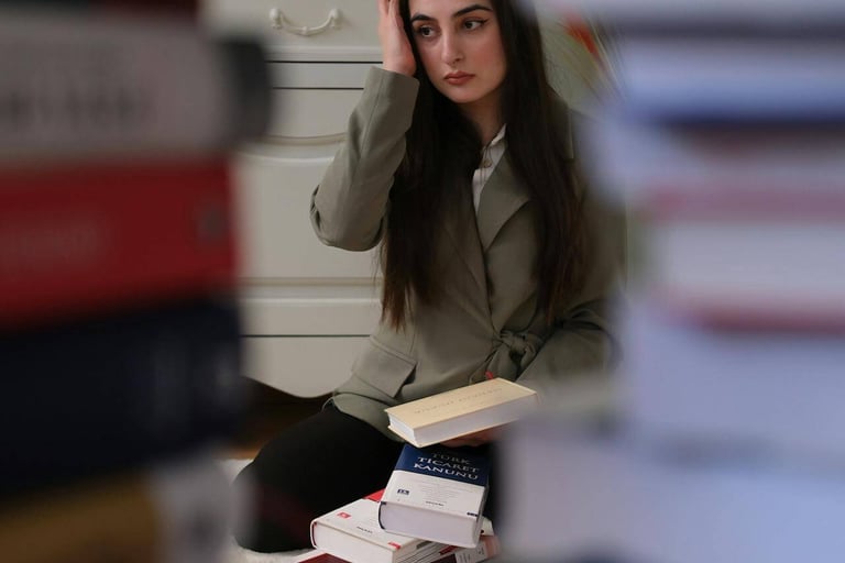 a woman sitting on a desk with books and a laptop