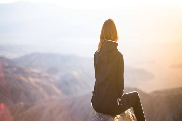 A person sitting on top of grey rock overlooking mountain during daytime