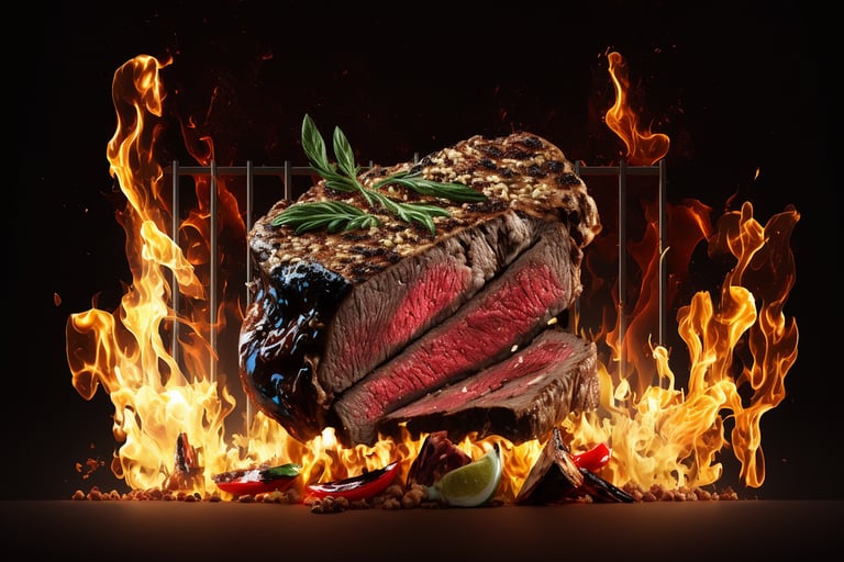 Grilled beef fillet steaks with herbs and spices on dark background. 