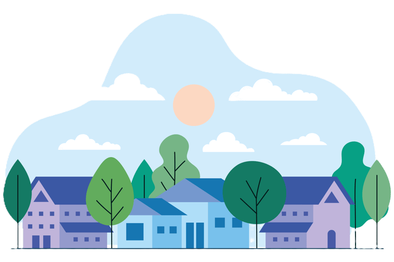 City houses with trees, sun and clouds 