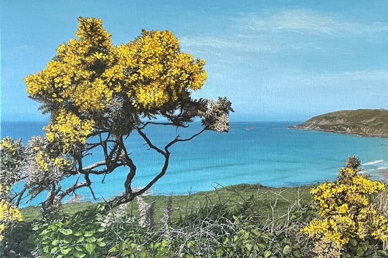 Tableau peinture à l'huile - Ajoncs en baie d'Ecalgrain dans le Cotentin