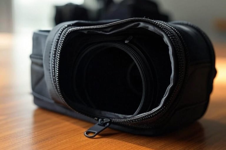 Broken zipper on a camera lens and a camera bag