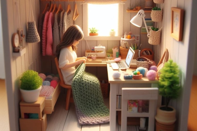 a woman sitting at a desk with a laptop knit crochet