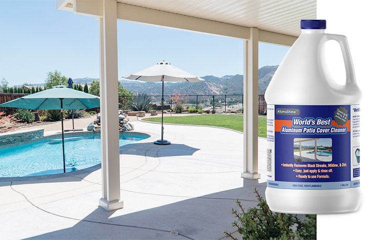 Alumashine prouct wuth patio cover in front of pool.