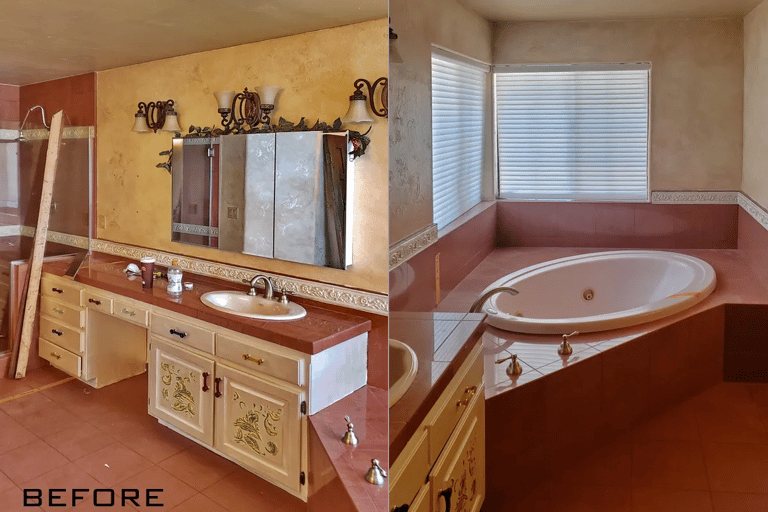 Existing master bathroom with dark red tile and sunk in tub.