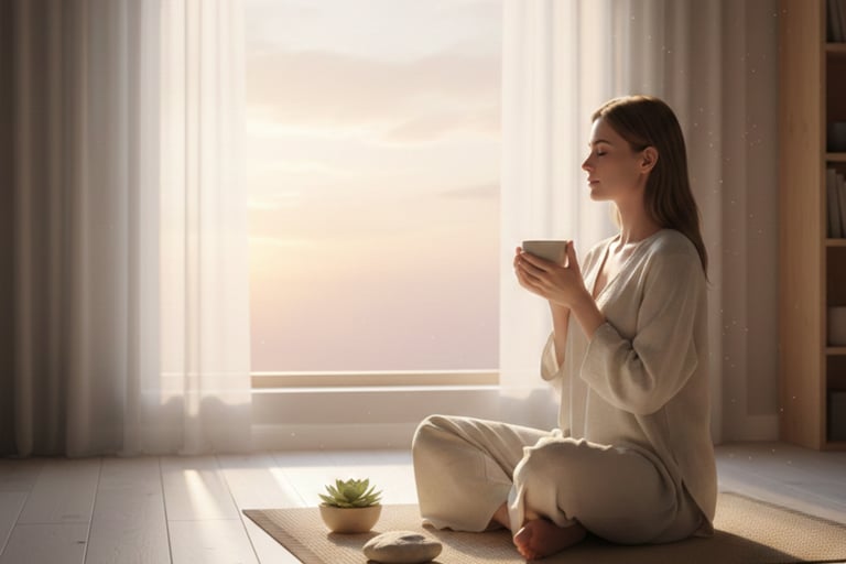 a woman is sitting quietly with a cup of tea at sunrise