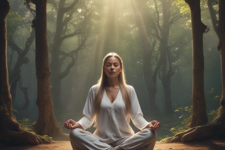 a woman meditating in the woods
