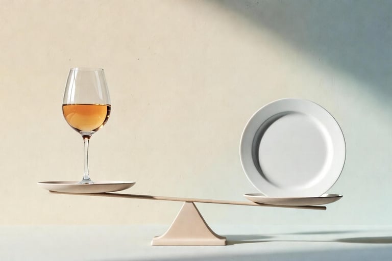 Illustration symbolisant l'alcoolorexie - balance entre verre d'alcool et assiette vide représentant