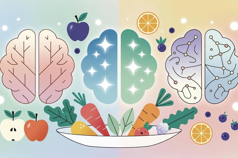Minimalist illustration representing neurodivergence and eating: three stylized brains with unique p