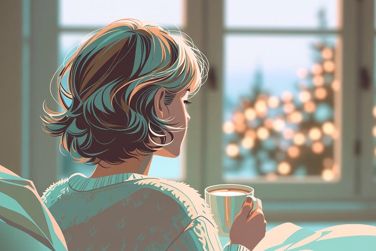 Soothing illustration of a person sitting peacefully by a window during the holidays, representing c