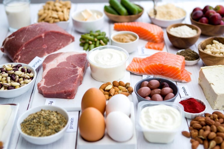 Varied protein sources for patients on GLP-1 treatment: lean meat, fish, eggs, dairy, legumes, 1.5g/