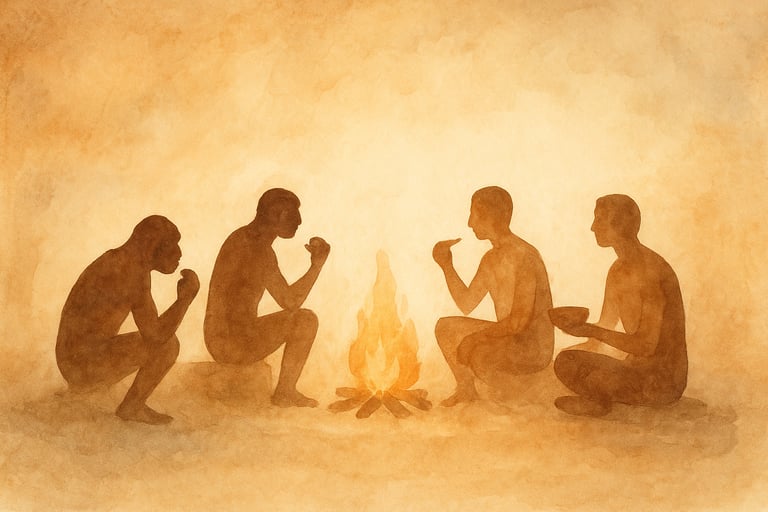 Évolution humaine et continuité de l'acte de se nourrir - illustration aquarelle philosophique repré