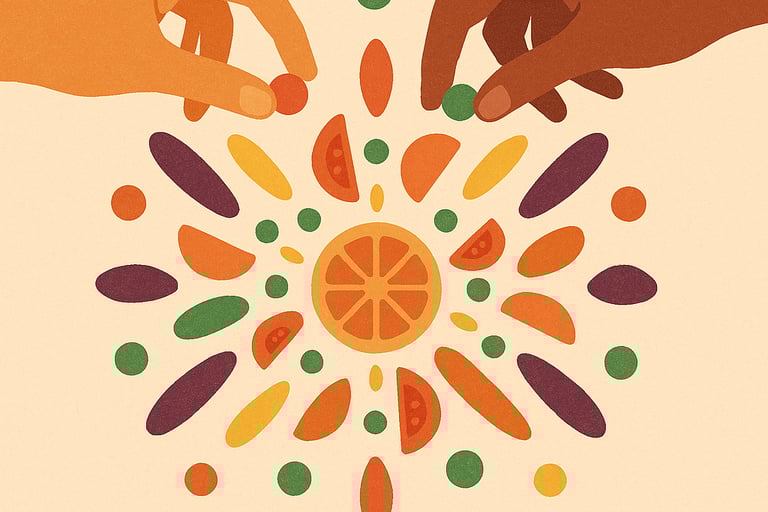 Mains créatives arrangeant aliments colorés approche ludique thérapeutique Paris