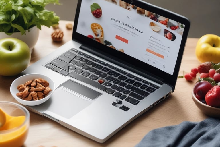Photo of a laptop with a blog, surrounded by healthy snacks, offering nutrition advice by a bilingua
