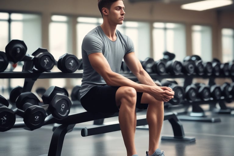 Photo d’une personne réfléchissant en salle de sport, soulignant la guérison de la bigorexie par un
