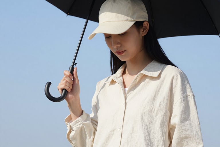 A woman wearing a beige linen shirt and baseball cap holding a black umbrella against a blue sky.