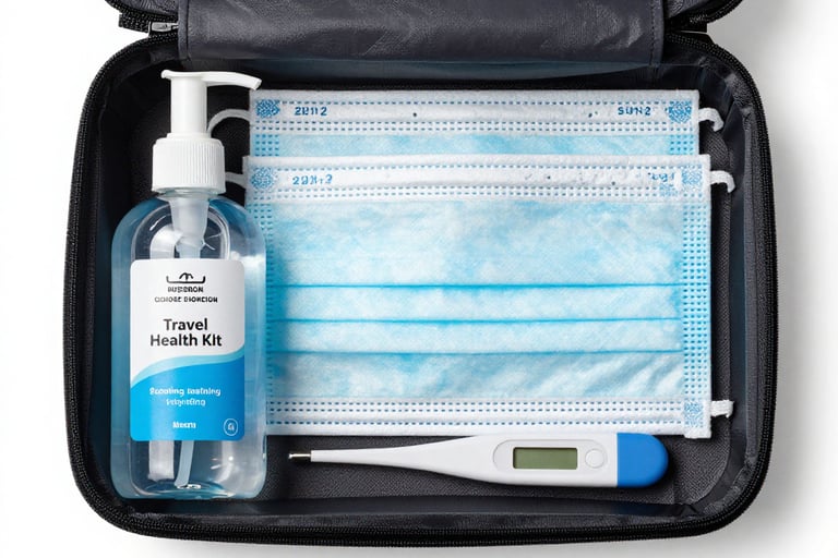 Travel health kit with hand sanitizer, blue surgical face masks, and a digital thermometer in a black pouch.