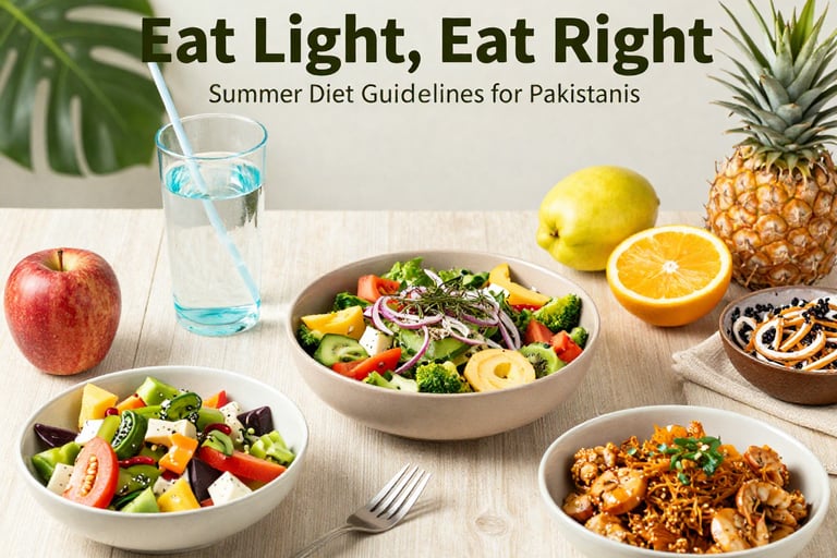 Healthy summer diet meals including fresh vegetable salad, fruit, and water for a balanced lifestyle.