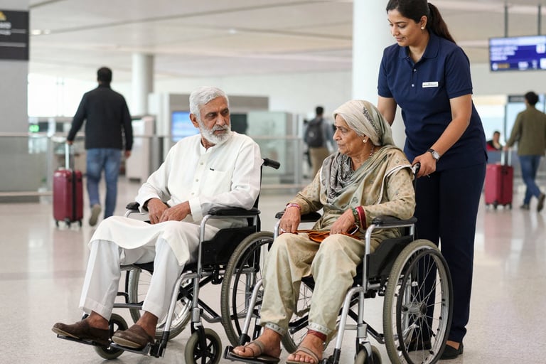 Elderly passengers receiving wheelchair assistance Pakistan airport summer travel