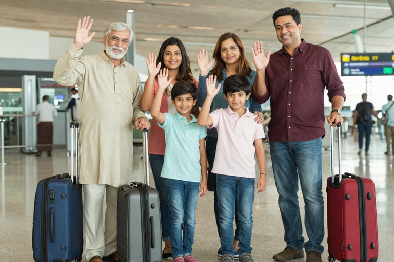 Happy Pakistani family summer travel departure airport health tips