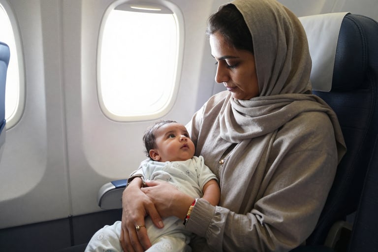 Mother holding baby on airplane infant travel health tips Pakistan summer