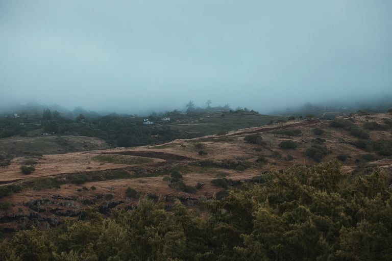 Misty hills in Rodrigues with scattered greenery and distant houses
