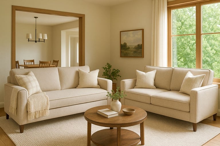 Two beige sofas in the same living room: one with a single bench cushion and one with multiple seat cushions.