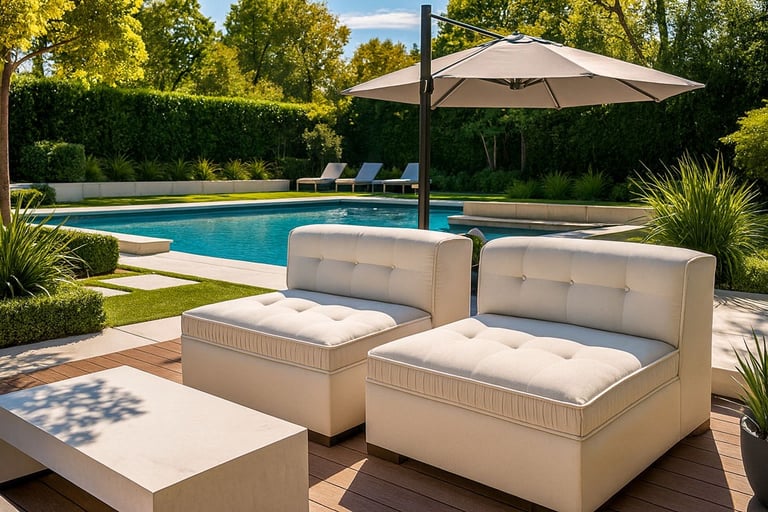 Luxurious custom outdoor furniture by Solo Home Decor, styled in a high-end backyard with pool and modern landscaping.